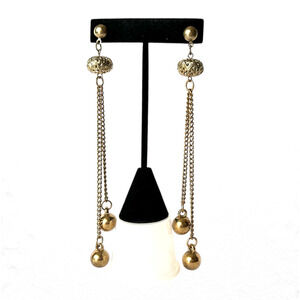 Vintage Long Drop Dangle Gold Tone Filigree Ball Chain w Beads Stud Earrings
